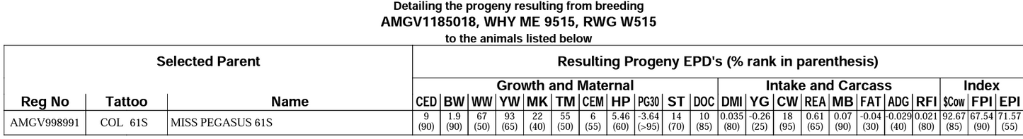 Embryo projected EPDs - COL 61S x RWG Why Me 9515